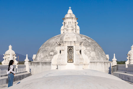Scenic view of beautiful roof of white cathedral of colonial city Leon in Nicaragua in Central Americaの写真素材