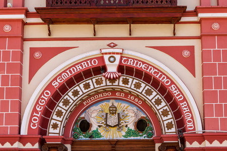 Leon, Nicaragua - March 16, 2024: Beautiful decorations at entrance door of the College and seminar Tridentino San Ramon Nonato in city Leon in Nicaraguaのeditorial素材