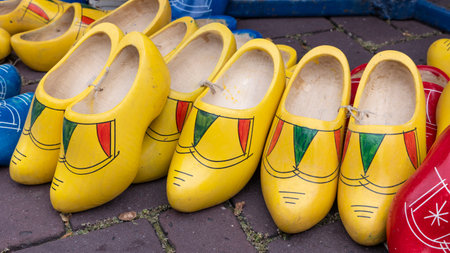 Traditional handmade Dutch clogs for sale at Veluwe market in Barneveld Gelderland province in The Netherlandsの写真素材