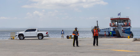 Ometepe, Nicaragua - March 22, 2024: Ferry to San Jorge in Moyogalpa harbor with view on Lago Cocibolka at Ometepe vulcano island in southwest Nicaragua.のeditorial素材