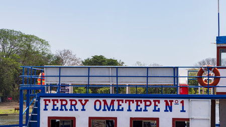 Ometepe, Nicaragua - March 22, 2024: Ferry to San Jorge in Moyogalpa harbor with view on Lago Cocibolka at Ometepe vulcano island in southwest Nicaragua.のeditorial素材