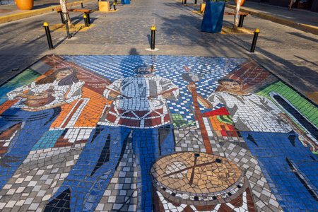 Granada, Nicaragua - March 20, 2024: Mosaic tile art of traditional music band in Callle la Calzada colorful street with most restaurants and bars in Granada in Nicaragua Central Americaのeditorial素材