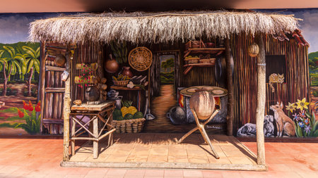 Masaya, Nicaragua - March 18, 2024: Wall painting of local scenery in Museum del Folcolor in Masaya city in Nicaragua Central America. Focus on dance, local myths and cultural traditions of Masayaのeditorial素材