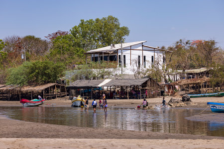 Las Penitas, Nicaragua - March 17, 2024: Beach view of Las Penitas entrance to Juan Venado island nature reserve in Nicaragua Central Americaのeditorial素材