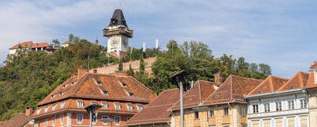Scenic view of Clock tower of Graz in Stiermarken region in Austriaの写真素材
