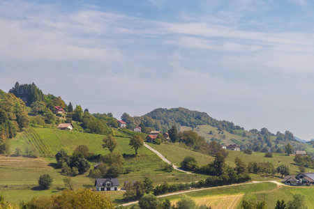 Rolling landscape in the surroundings of Krsko and Sava river Lower Carniola area in Slovenia during summertimeの写真素材