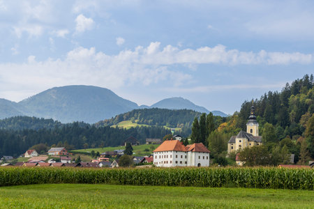 Townscape Slovinj Gradec in Mislinja valley in Sloveniaの写真素材