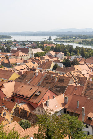 Scenic view from medieval castle of Ptuj with main city tower and river Drava in Styria region in Sloveniaの写真素材