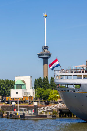 CSkyline with famous Euromast tower and floating Chinese restaurant in Rotterdam The Netherlandsの写真素材