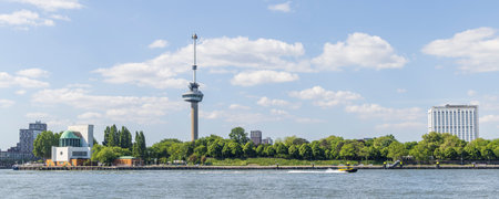 Skyline Rotterdam with famous Euromast tower and Maas tunnel building in port city in South-Holland the west of the Netherlandsの写真素材
