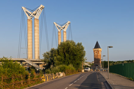 Pont Gustave-Flaubert bridge in Rouen in Normandy in France, Impressive example of an vertical lift bridgeの写真素材