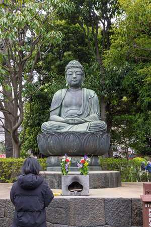 Woman praying in front of Buddha statue at Senso ji temple complex in Tokyo in Japanの写真素材
