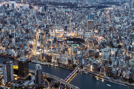 Birdview from the The Sakura Skytree tower in Tokyo Japan during twilight. One of Worlds tallest towers of 634 meters.の写真素材