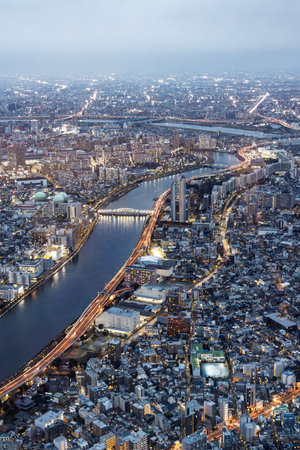 Birdview from the The Sakura Skytree tower in Tokyo Japan during twilight. One of Worlds tallest...