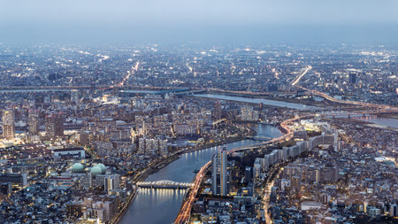 Birdview from the Sakura Skytree tower in Tokyo Japan during twilight. One of the world's tallest...
