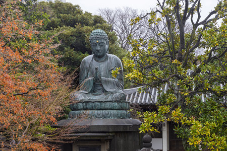 Beautiful large Buddha statue on lotus flower at Tennoji temple in Yanaka subsurb in Tokyo, Japan.の写真素材