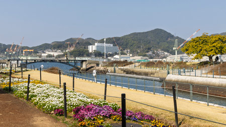 Nagasaki, Japan - March 23, 2025: Greening in Nagasaki seaside park and port in Nagasaki in Japanの写真素材