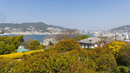 Overlooking Nagasaki port from Glover garden and park in Minamiyamate hillside in Nagasaki in Japanの写真素材