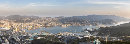 Impressive panoramic view from the observation deck at the summit of Mount Inasa in Nagasaki in Japanの写真素材