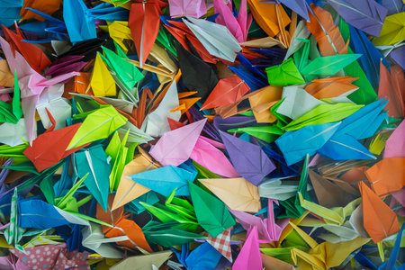 Background of Origami paper cranes, symbol of peace in Peace Memorial Hall for the Atomic Bomb Victims in Nagasaki in Japanの写真素材