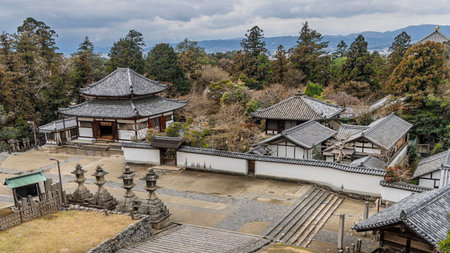 Scenic view from Todai-ji Nigatsu-do temple on top the hill in Nara, Honshu island in Japanの写真素材