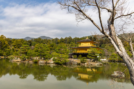 Scenic view of Kinkakuji Temple (The Golden Pavilion) reflected in pond in Kyoto, Japanの写真素材