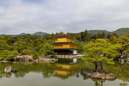 Scenic view of Kinkakuji Temple (The Golden Pavilion) reflected in pond in Kyoto, Japanの写真素材