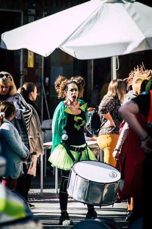Fuengirola, Spain; Feb, 22, 2020; woman dressed as heroin yawning playing the drum prepared for the...