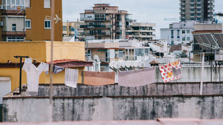 Mijas, Spain; Apr, 15, 2020; rooftop views with clothes hanging. Image taken in quarantine confinement by COVID-19のeditorial素材