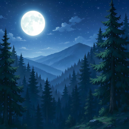 Fantastic night landscape with forest and full moon. Vector illustrationの素材