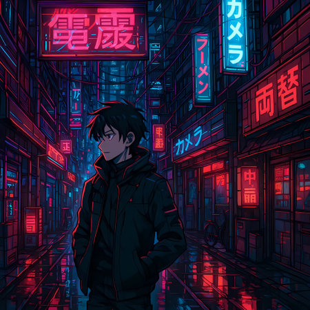 A young man standing in front of a night city street with neon lights.の素材