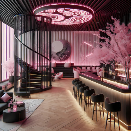 3d rendering of a modern bar interior in pink and black colorsの素材