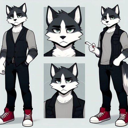 Siberian husky in a black jacket, jeans and sneakersの素材