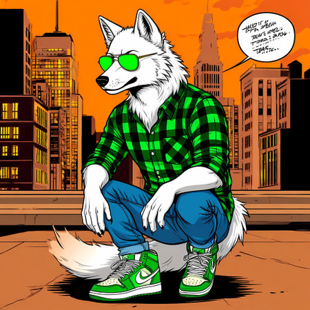 Vector illustration of a stylish hipster white fox in the city.の素材