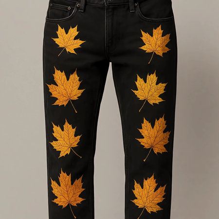 Leather pants with autumn leaves on a gray background. 3d renderingの素材