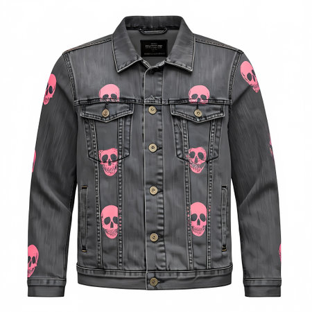 Black leather jacket with pink skull on a white background. 3d renderingの素材