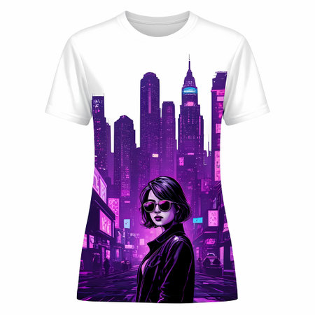 T-shirt design with a girl on the city background. Vector illustration.の素材