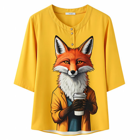 Portrait of a fox in a T-shirt with a cup of coffeeの素材