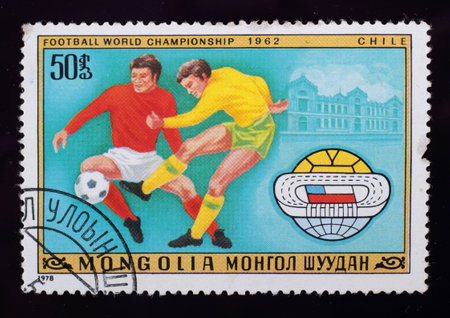 Mongolia - circa 1978: A post stamp printed in the Mongolian shows image of Football World Championship 1962 Chile, series Football, circa 1978.のeditorial素材