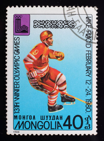 Mongolia - circa 1980: A post stamp printed in the Mongolian shows image of 13th Winter  Games, series Lake Placid 1980, circa 1980.のeditorial素材