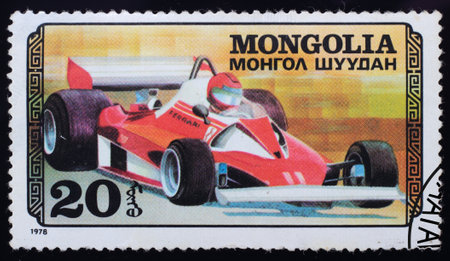 Mongolia - circa 1978: A post stamp printed in the Mongolian shows image of Ferrari F1, series...