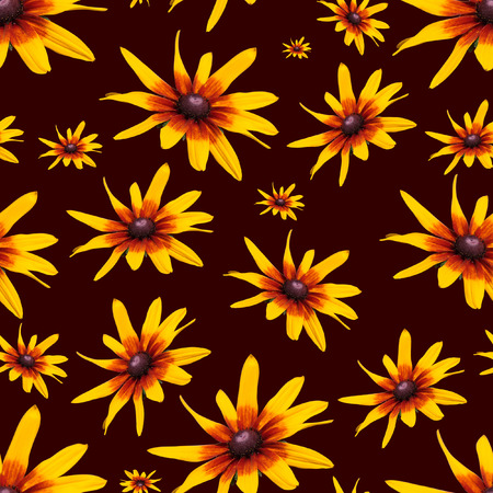 The yellow flower abstract seamless patterns on a brown background.の写真素材