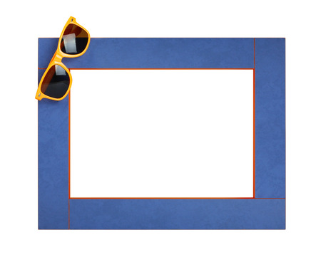 Art summer frame with yellow sunglasses on a white background. Isolated