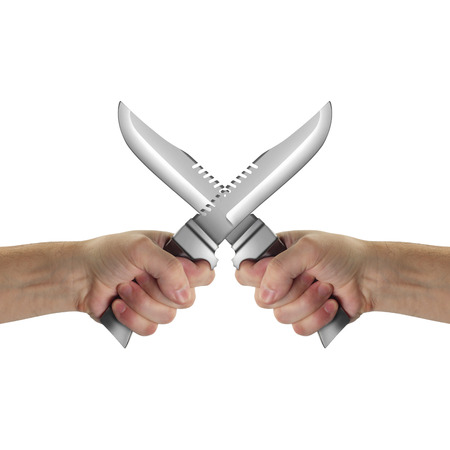 Objects Hands action - Two crossed Hand holds Survival knife isolated white background.の写真素材