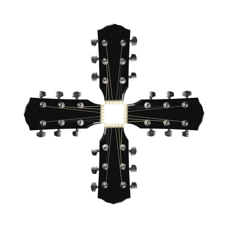 Musical instrument - cross from a headstock peghead black acoustic guitar isolated on a white...