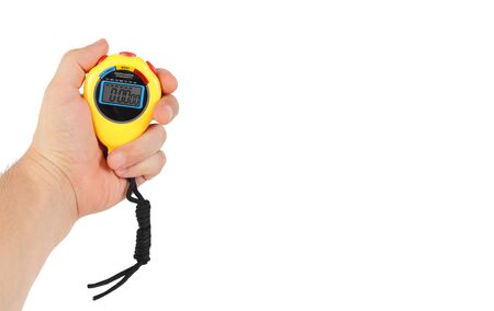 Sports equipment - Yellow Digital electronic Stopwatch in a hand on a white background. Isolated