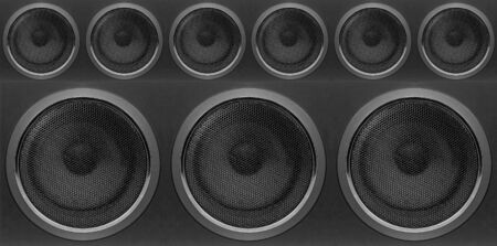 Music and sound - Front view one three bass Subwoofer six array loudspeaker enclosure cabinet