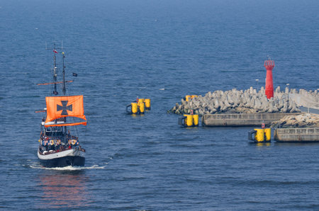 Kolobrzeg - Holidays at the Baltic Sea - Cruise ship he takes tourists on the seaのeditorial素材