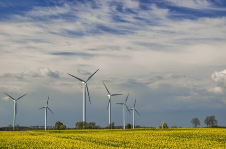 WIND FARM IN SPRING - Cloudy sky and trees on the horizon