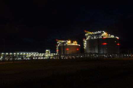 LNG terminal in Swinoujscie at night - Gas terminal in Swinoujscie in the darkness lit lanternsのeditorial素材